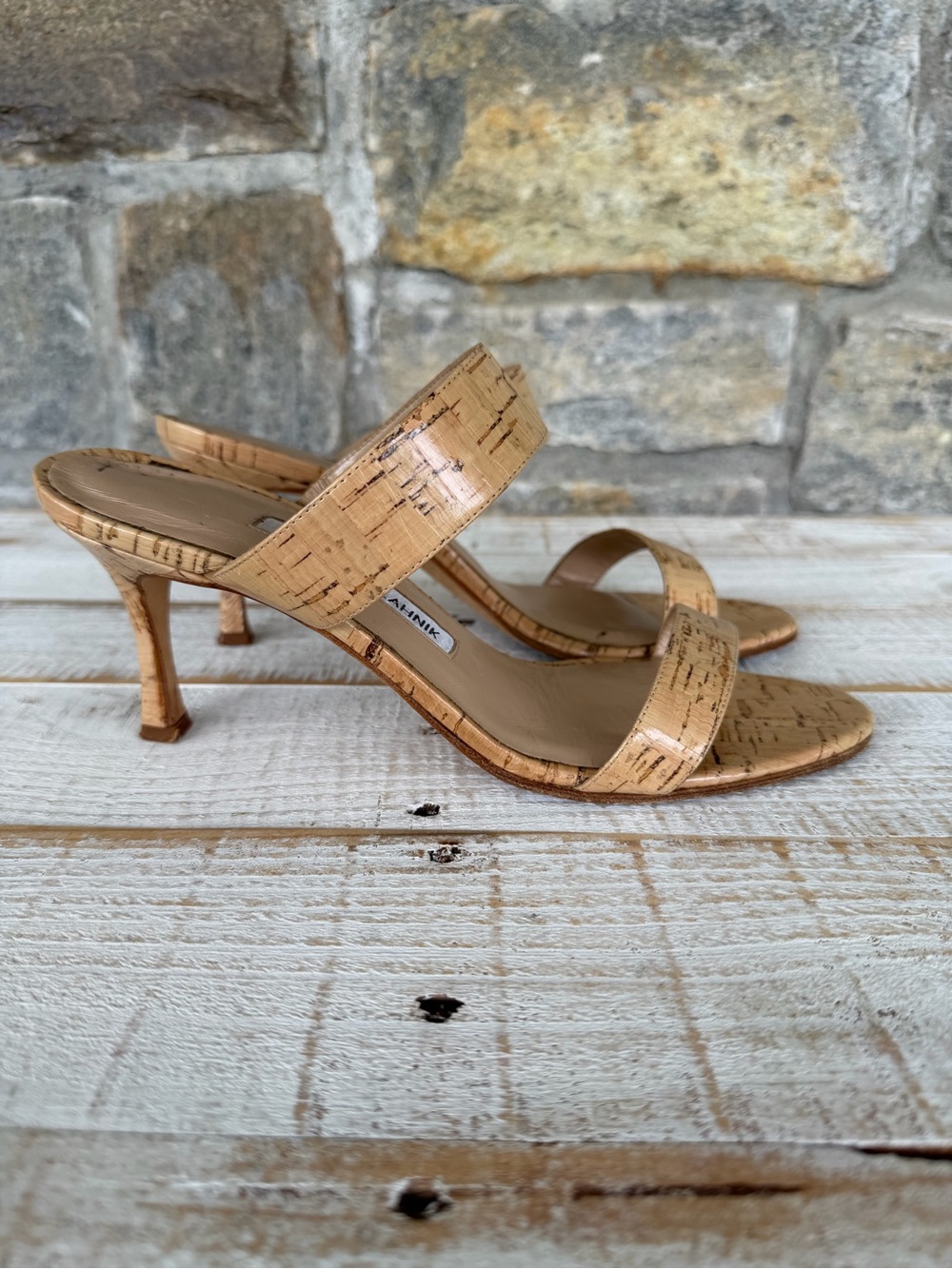 Manolo Blahnik Cork-Textured Double-Strap Heeled Mules in Natural Tan - Picture 4 of 6